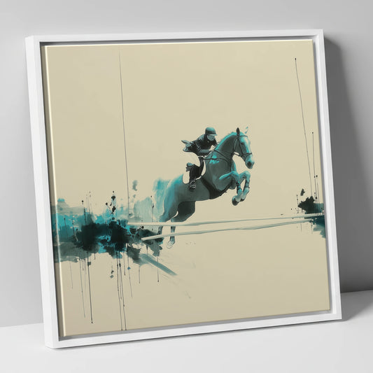 Airborne in Teal show jumping horse canvas wall art in white frame