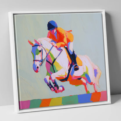 Technicolour Flight show jumping horse canvas wall art in white frame