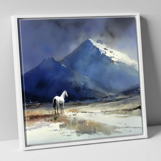 Winter Alpine Solitude horse landscape canvas wall art in white frame