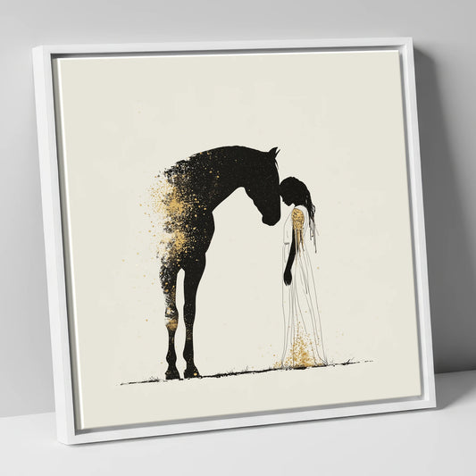 Golden Connection horse & rider canvas wall art in white frame