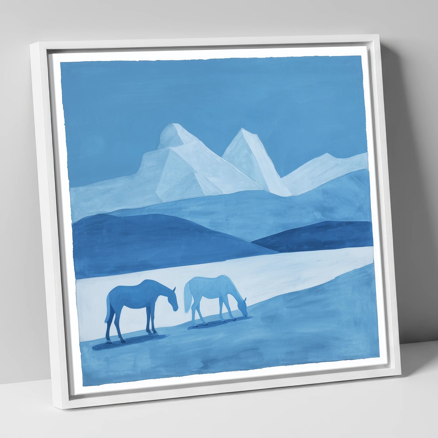 Azure Mountain Grazing horse landscape canvas wall art in white frame