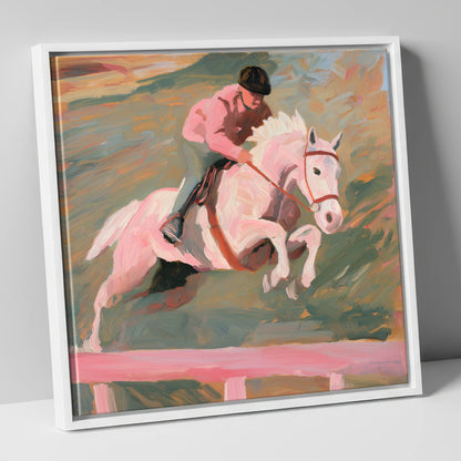 Airborne in Pastel show jumping horse canvas wall art in white frame