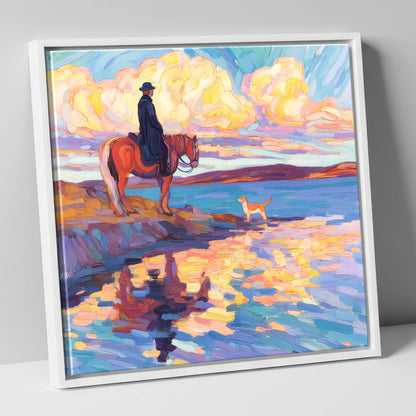 Evening Tide Halt beach horse canvas wall art in white frame