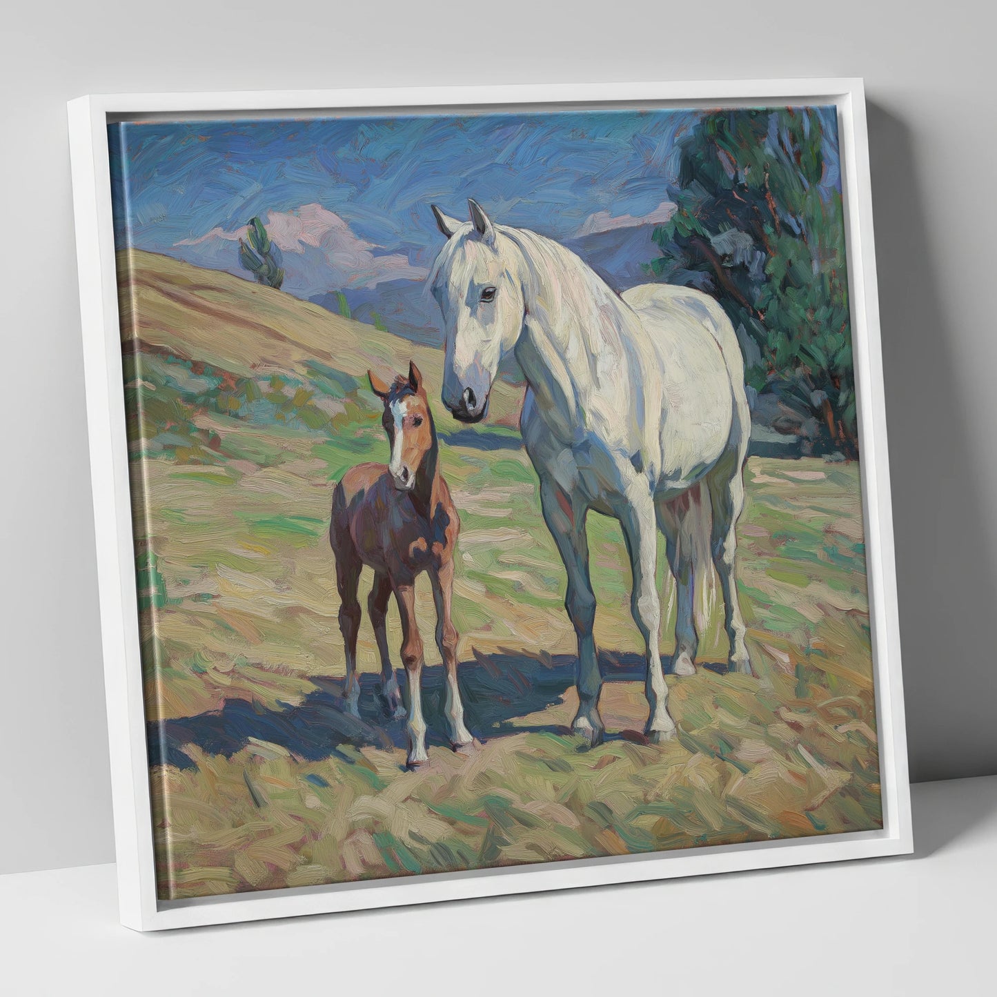 The Gentle Guardian mare & foal canvas wall art in white frame