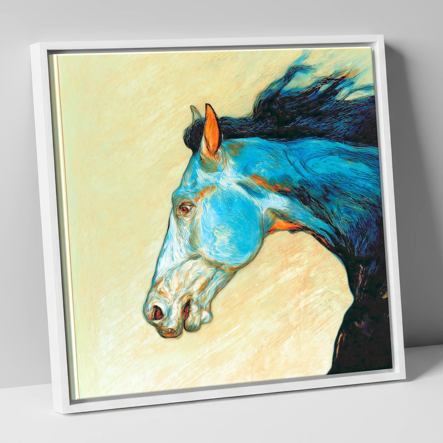 Cerulean Spirit racing horse canvas wall art in white frame