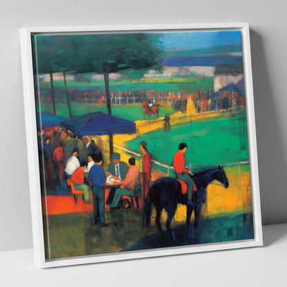 Anticipation at the Track racing horse canvas wall art in white frame