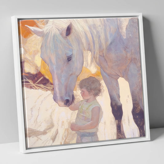 The First Touch horse & rider canvas wall art in white frame
