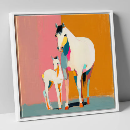 Vibrant Mare And Foal mare & foal canvas wall art in white frame