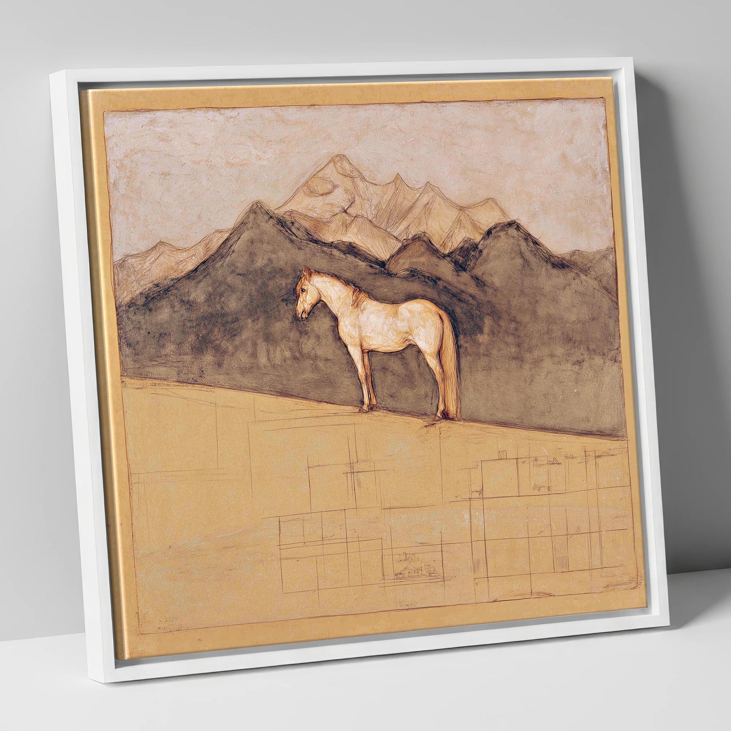 Mountain Sentinel horse landscape canvas wall art in white frame