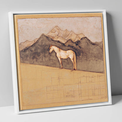 Mountain Sentinel horse landscape canvas wall art in white frame
