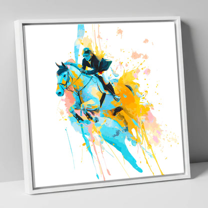 Airborne In Colour show jumping horse canvas wall art in white frame