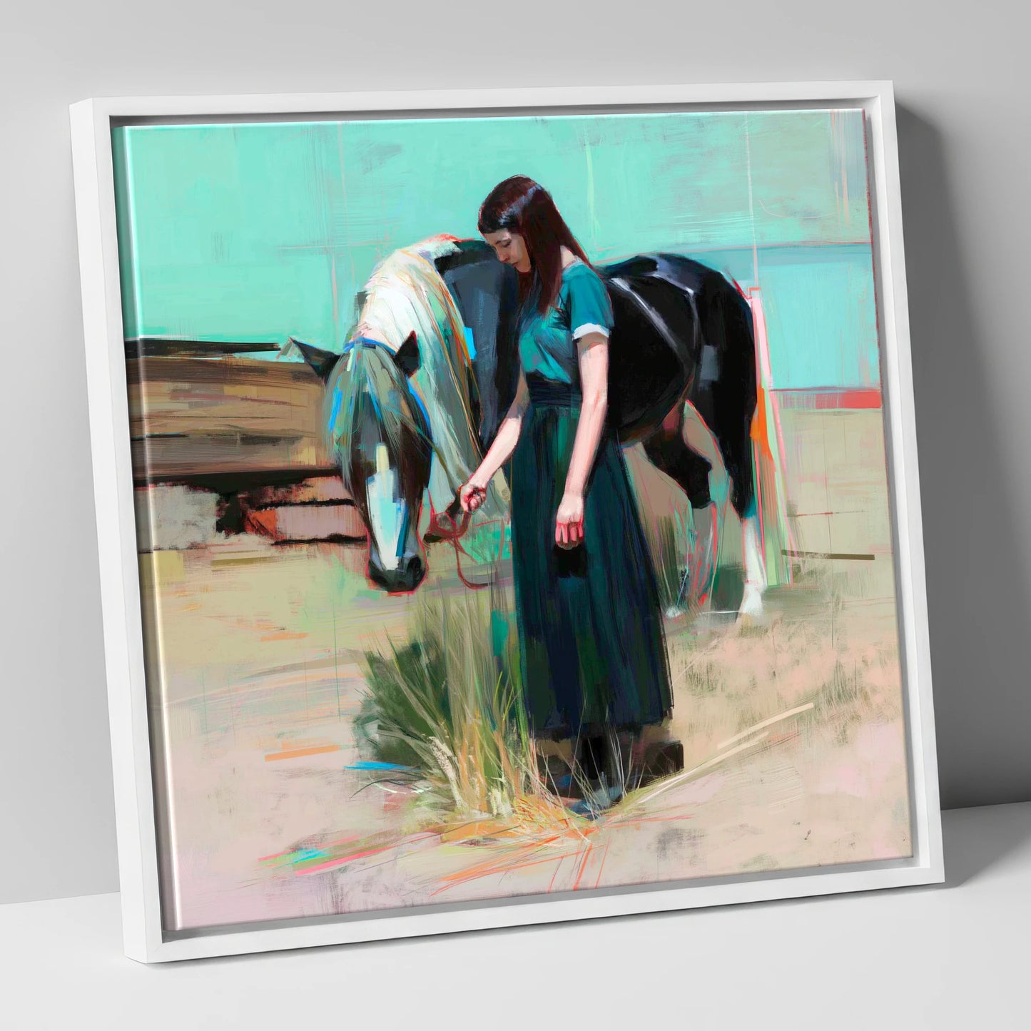 Stillness in Teal horse & rider canvas wall art in white frame