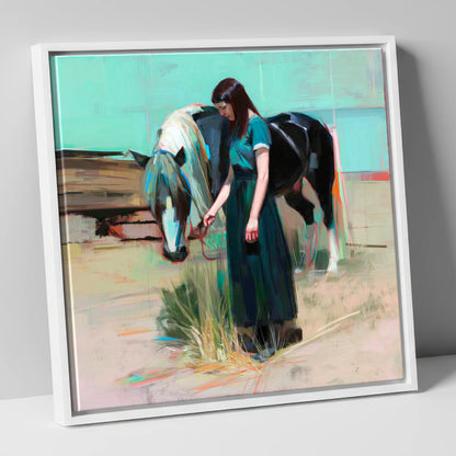 Stillness in Teal horse & rider canvas wall art in white frame
