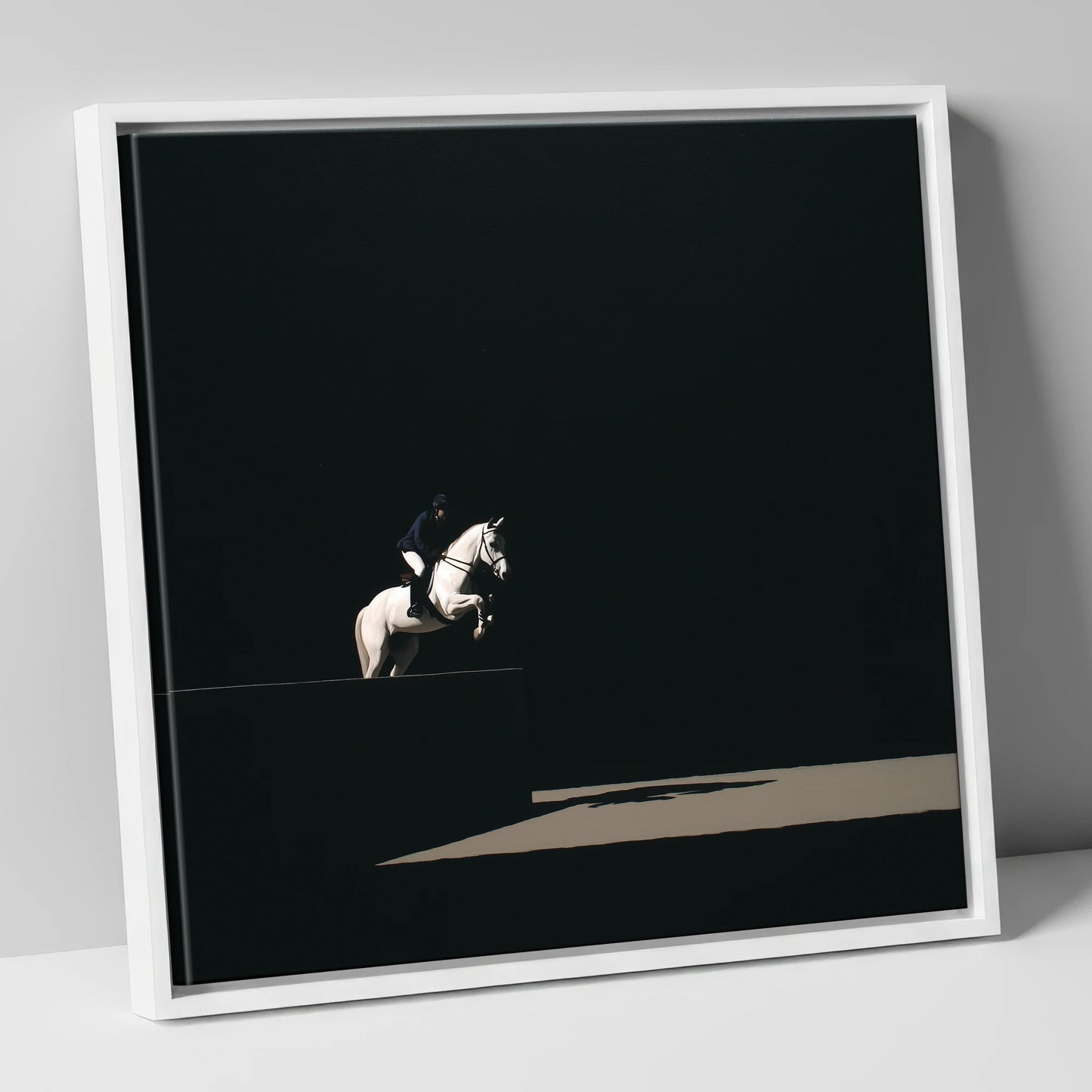 Suspended in Obsidian show jumping horse canvas wall art in white frame