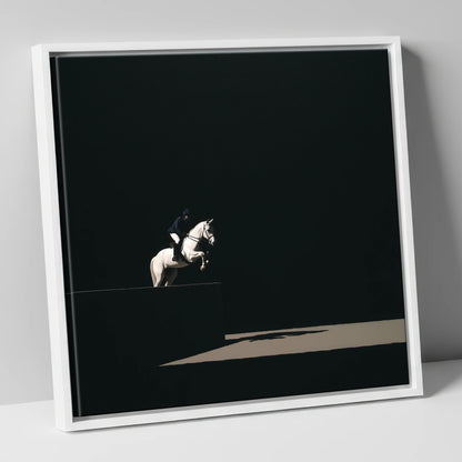 Suspended in Obsidian show jumping horse canvas wall art in white frame