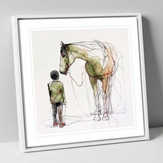Threads of Connection horse & rider canvas wall art in white frame