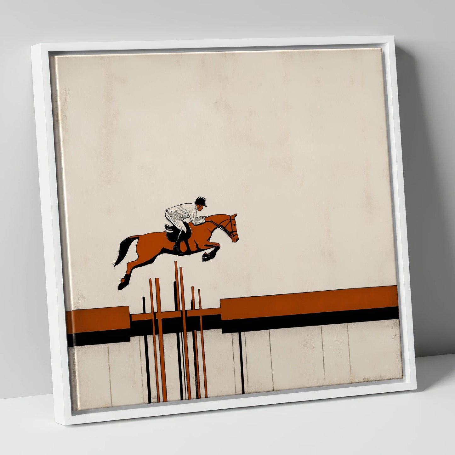 The Modernist Leap show jumping horse canvas wall art in white frame