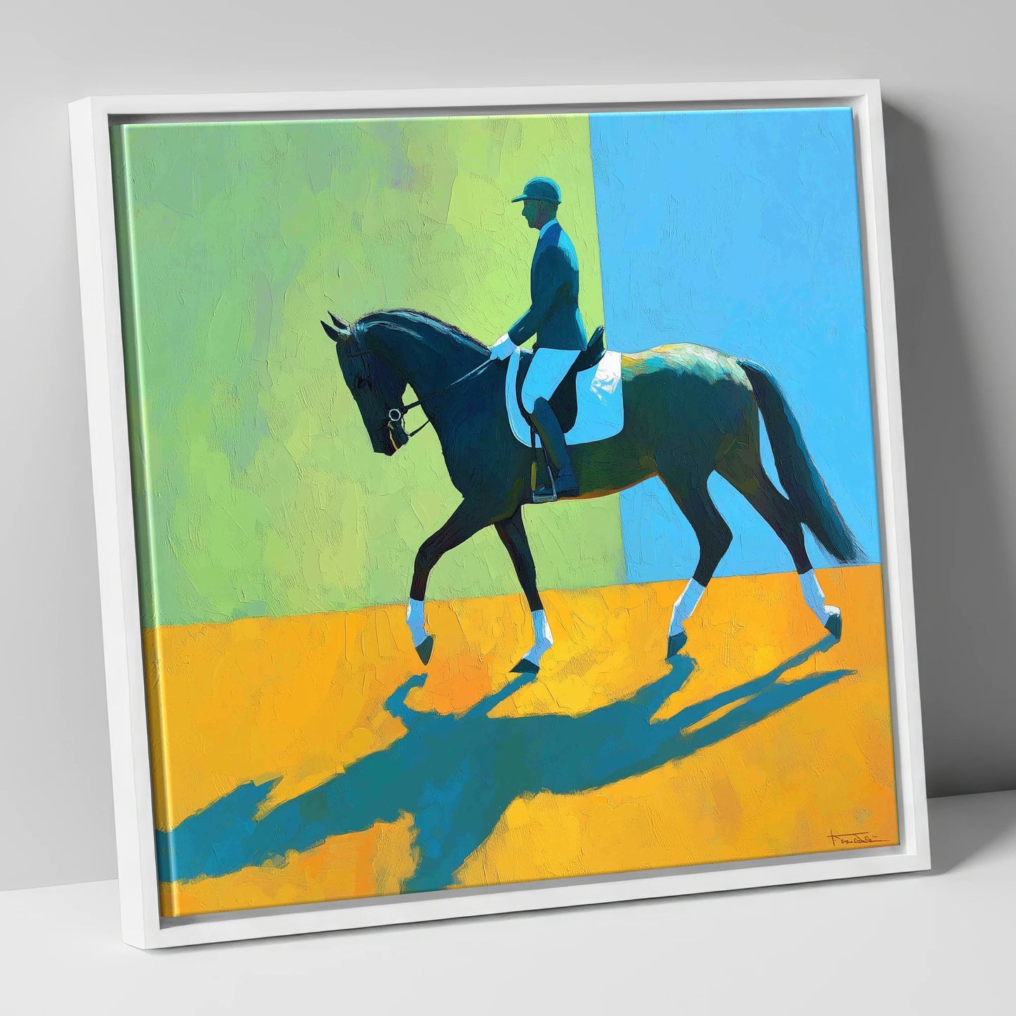 Precision in Sunlight dressage horse canvas wall art in white frame