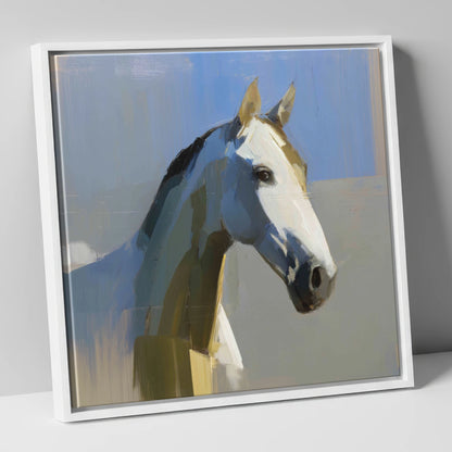 Sunlit Slate Grey horse portrait canvas wall art in white frame