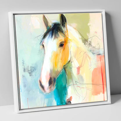 Quiet Grace in Ochre horse portrait canvas wall art in white frame