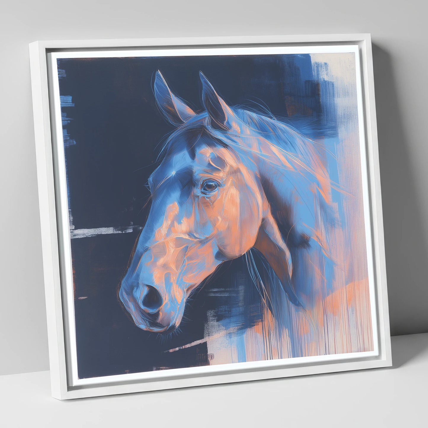 Cobalt and Copper Gaze horse portrait canvas wall art in white frame