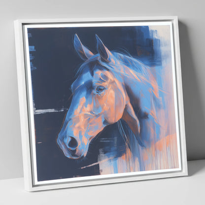 Cobalt and Copper Gaze horse portrait canvas wall art in white frame