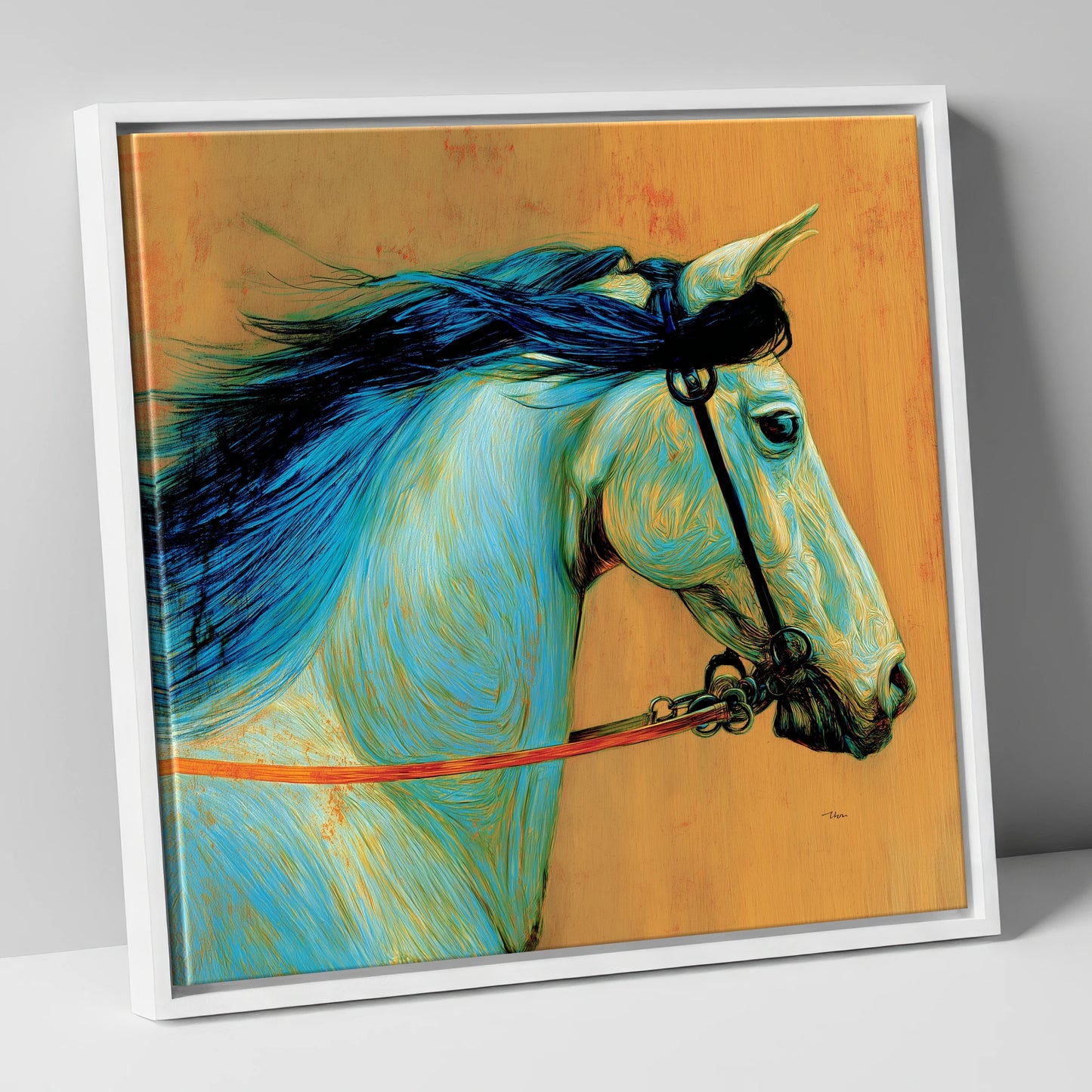 Cerulean Spirit horse portrait canvas wall art in white frame