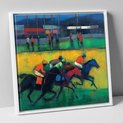 The Turf In Colour racing horse canvas wall art in white frame