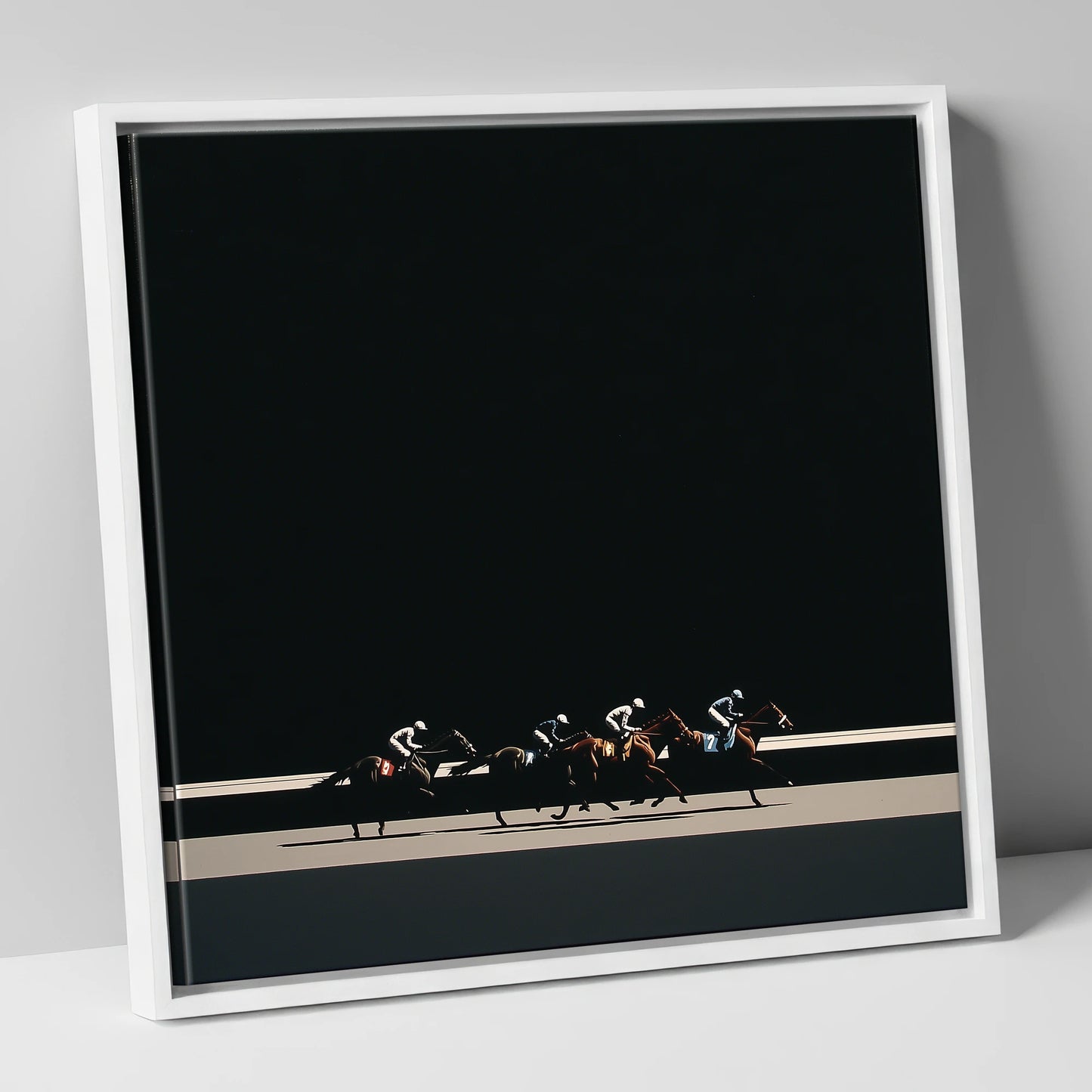The Midnight Gallop racing horse canvas wall art in white frame