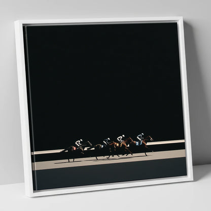 The Midnight Gallop racing horse canvas wall art in white frame