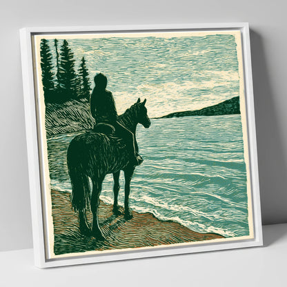 Coastal Solitude beach horse canvas wall art in white frame