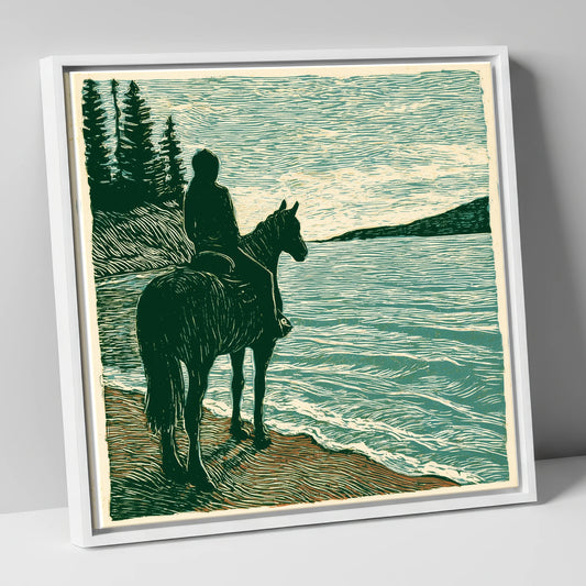 Coastal Solitude beach horse canvas wall art in white frame