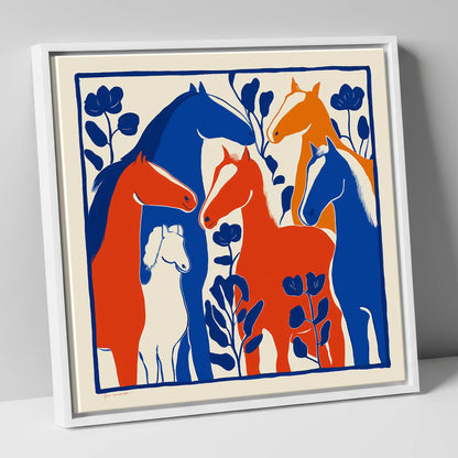 Vibrant Graphic Herd wild horses canvas wall art in white frame