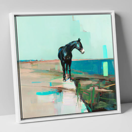 Silent Teal Horizon horse landscape canvas wall art in white frame
