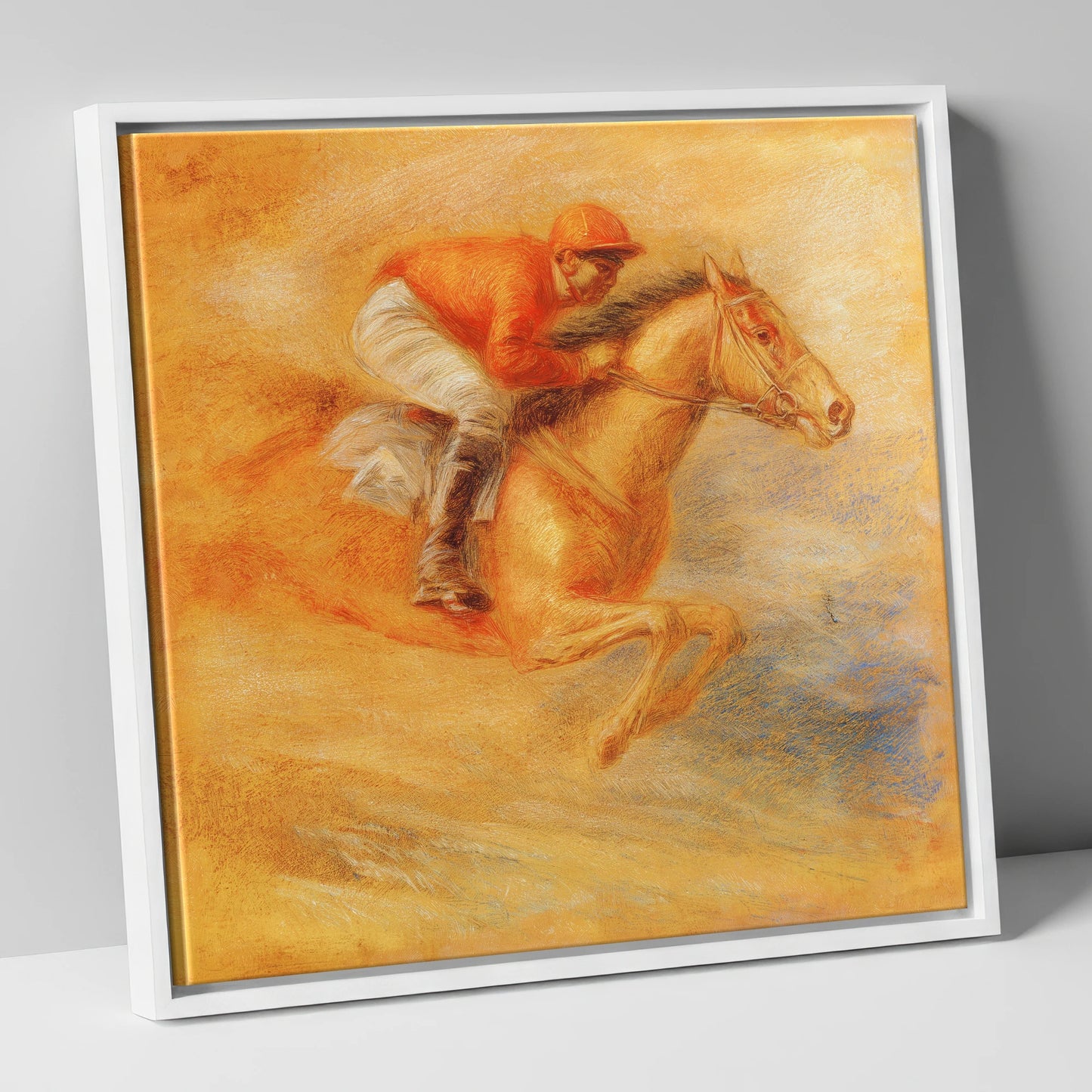 Flight Over Terracotta racing horse canvas wall art in white frame