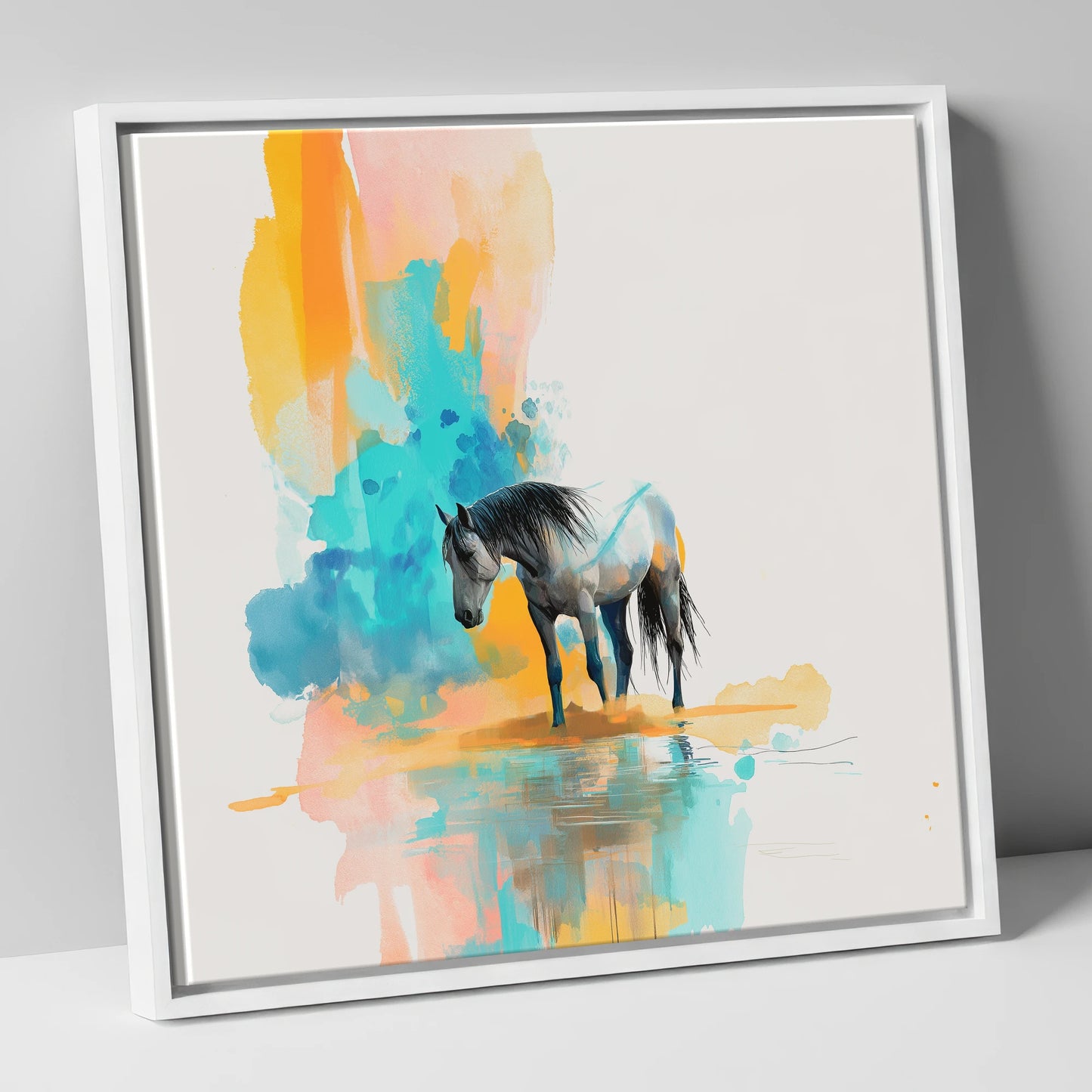 Vibrant Grey Reflection horse portrait canvas wall art in white frame