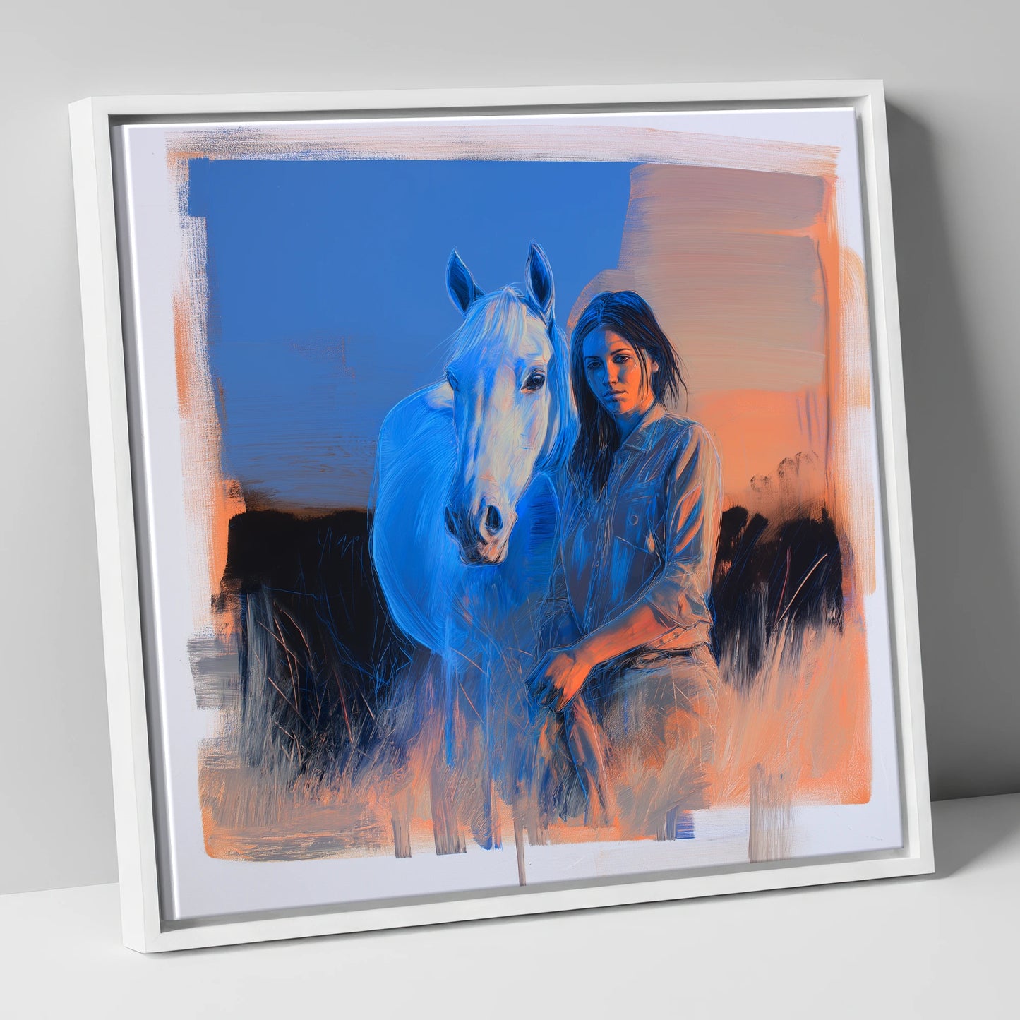 The Silent Connection horse & rider canvas wall art in white frame
