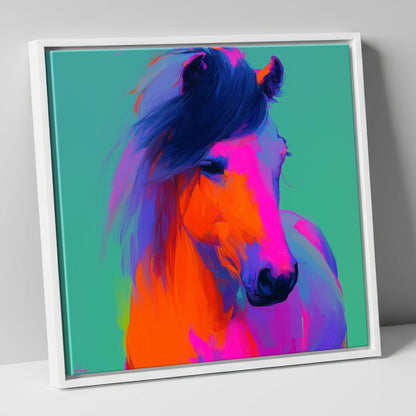 Neon Equine Spirit horse breed canvas wall art in white frame