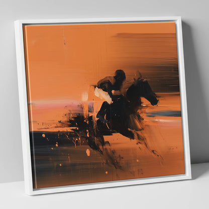 Through the Amber Dust racing horse canvas wall art in white frame