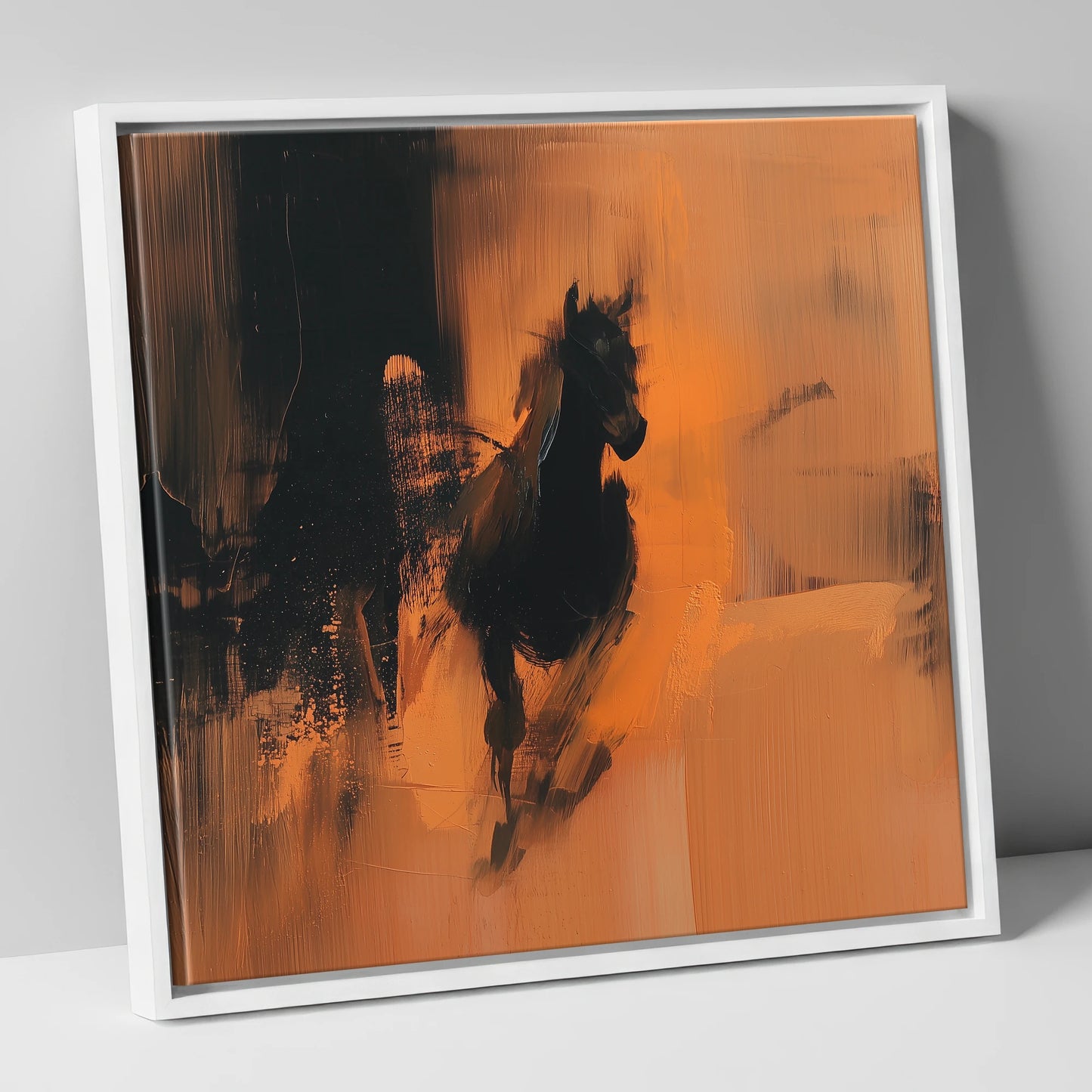 Shadow and Ember horse portrait canvas wall art in white frame