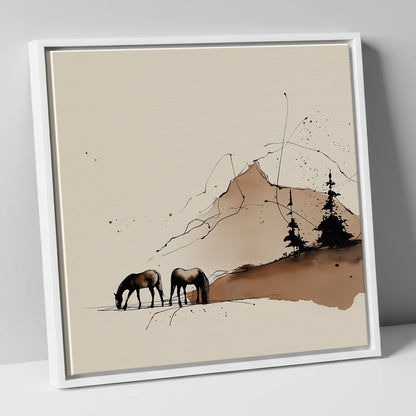Highland Grazing horse landscape canvas wall art in white frame