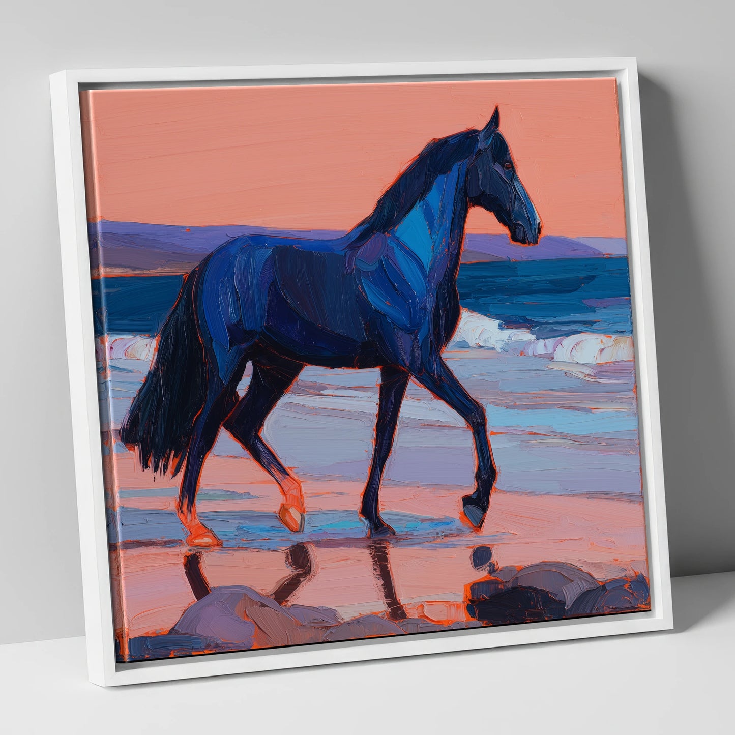 Indigo Beach Stride horse landscape canvas wall art in white frame