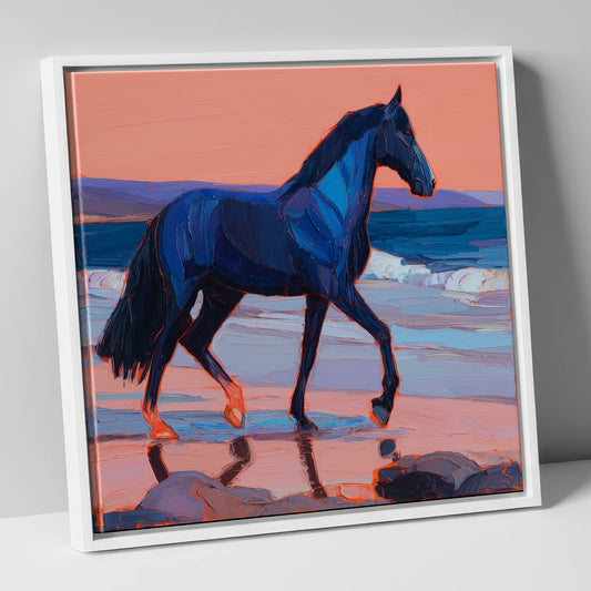 Indigo Beach Stride horse landscape canvas wall art in white frame