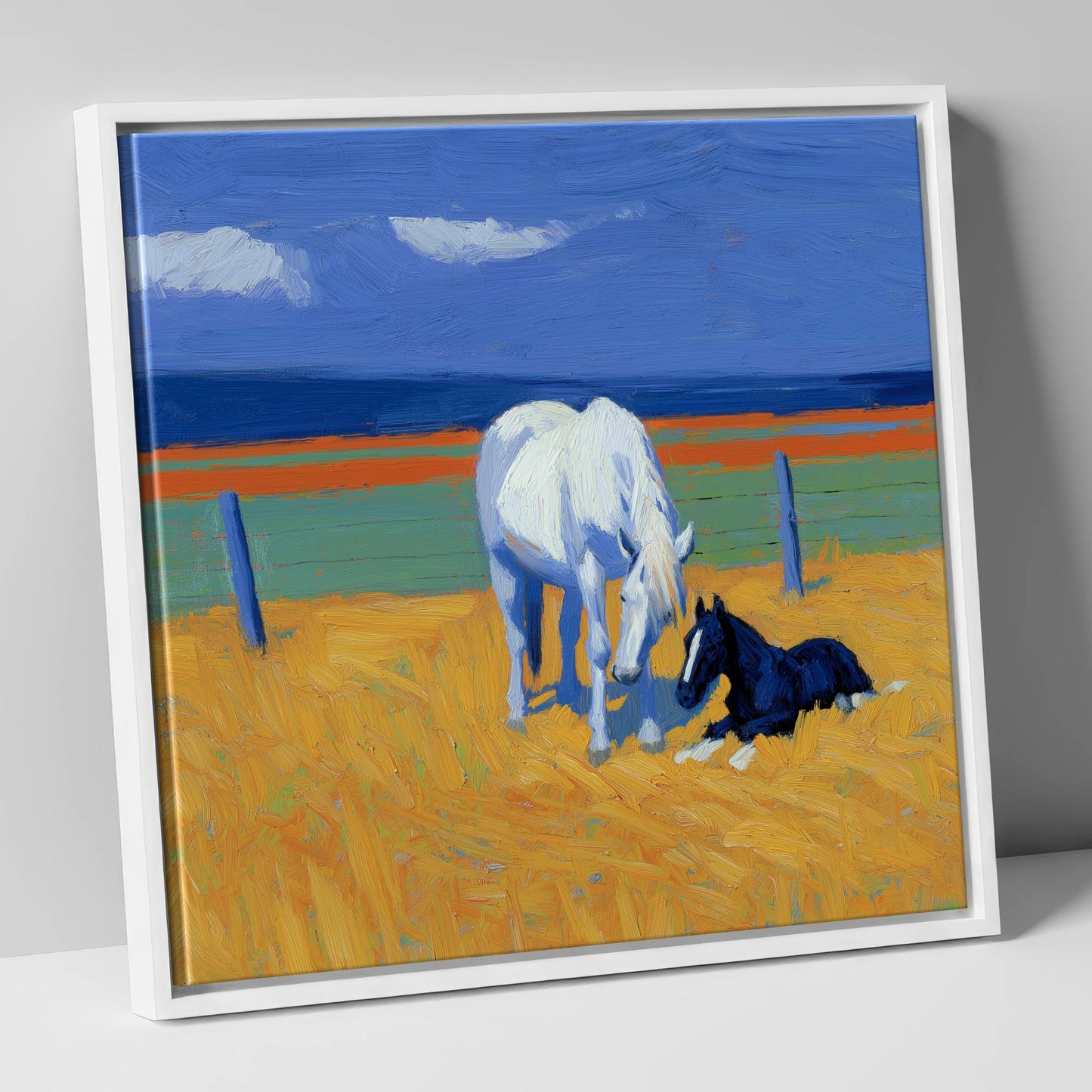 Sunlit Mare and Foal mare & foal canvas wall art in white frame