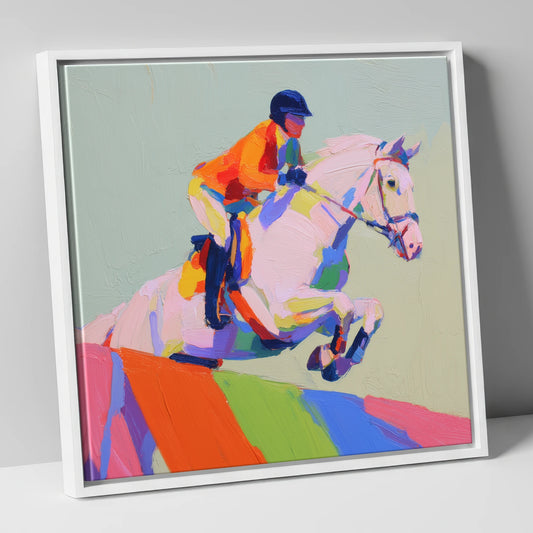 Vibrant Ascent show jumping horse canvas wall art in white frame