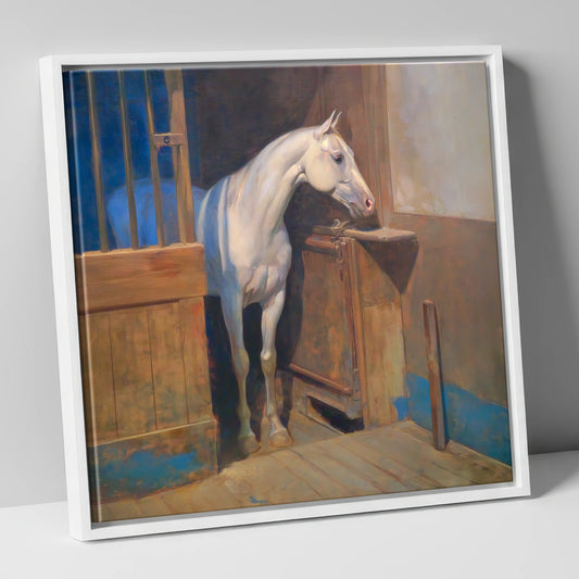 Solitude in the Stall horse stable canvas wall art in white frame