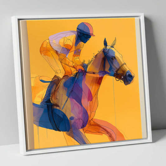 Golden Racing Stride racing horse canvas wall art in white frame