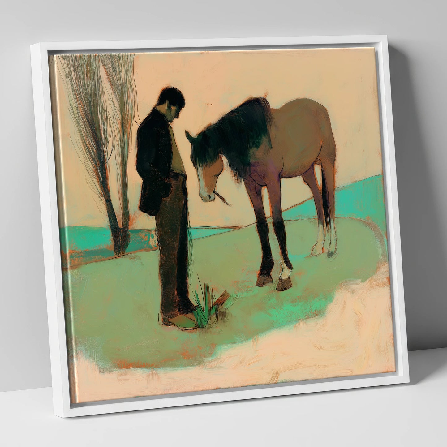 The Quiet Bond horse & rider canvas wall art in white frame