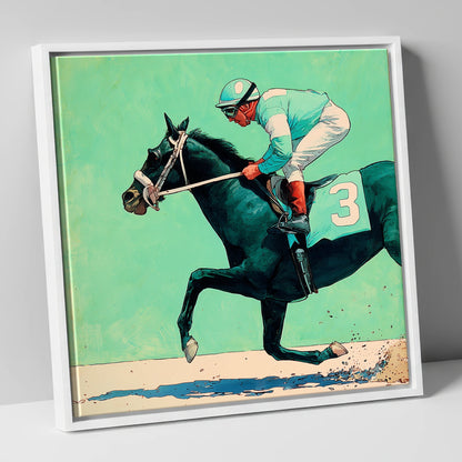 The Teal Flyer racing horse canvas wall art in white frame