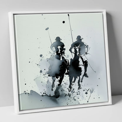 Thundering Polo Pursuit polo horse canvas wall art in white frame